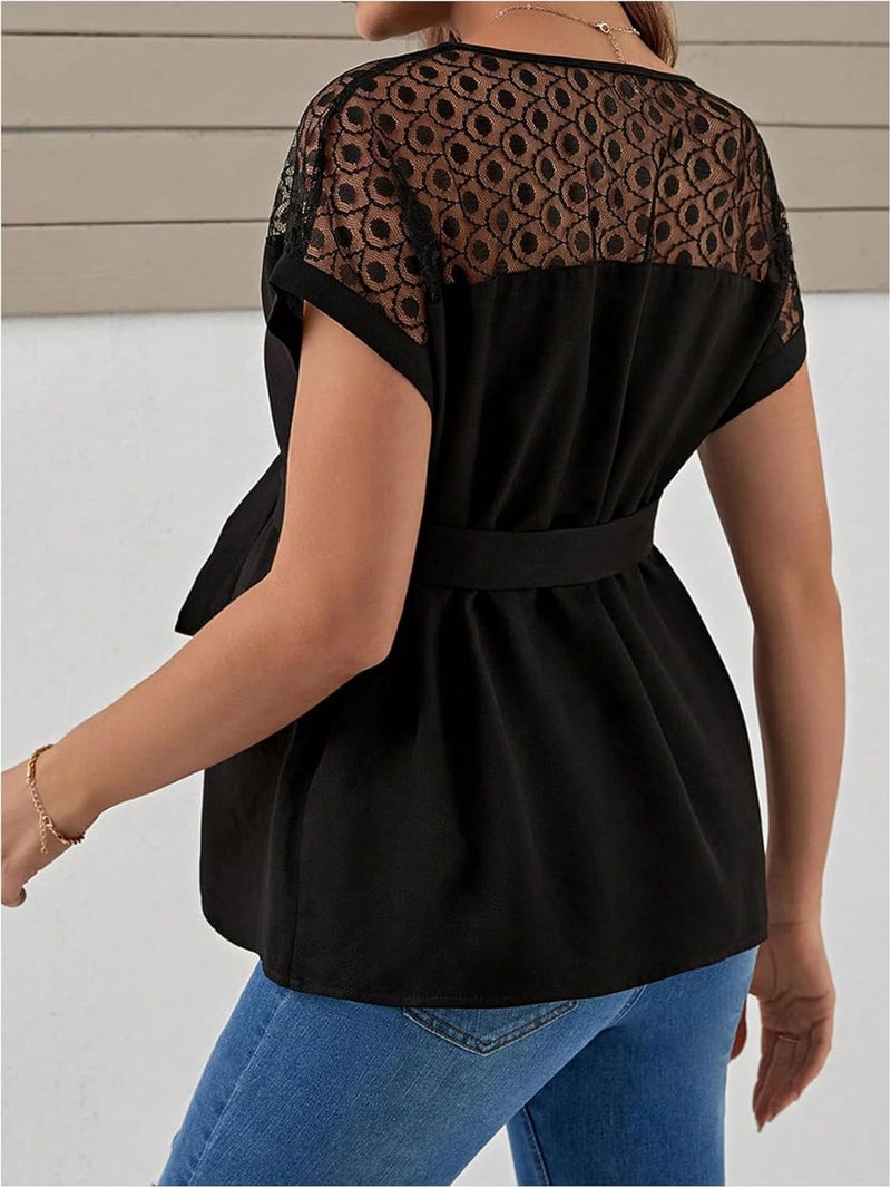 MakeMeChic Women's Maternity Blouse Crew Neck Short Sleeve Contrast Mesh Belted Pregnancy Top - Image 2
